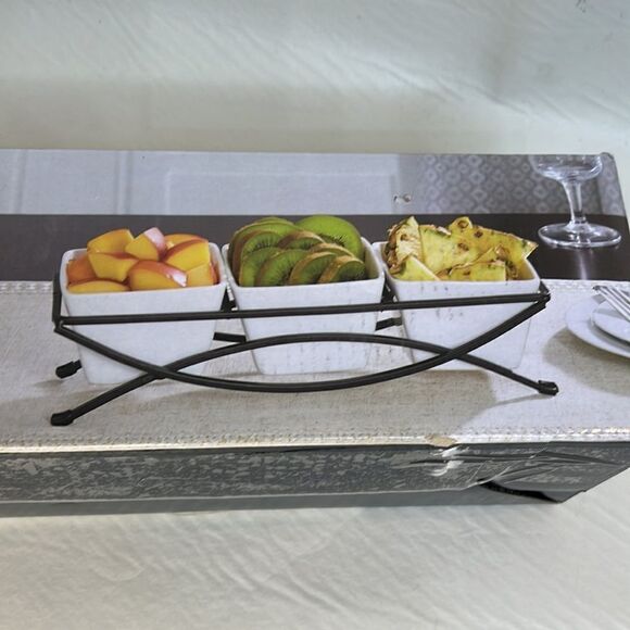 Beekman Home 3 Piece Serving Set Metal Holder 3 White Stone Ware Square Bowls - Picture 3 of 4